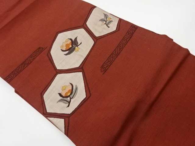 リサイクル　亀甲に草花模様織出し名古屋帯